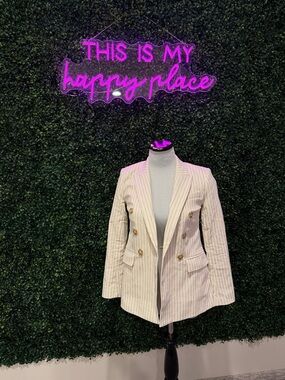 LOFT Cream Pinstripe Double-Breasted Blazer